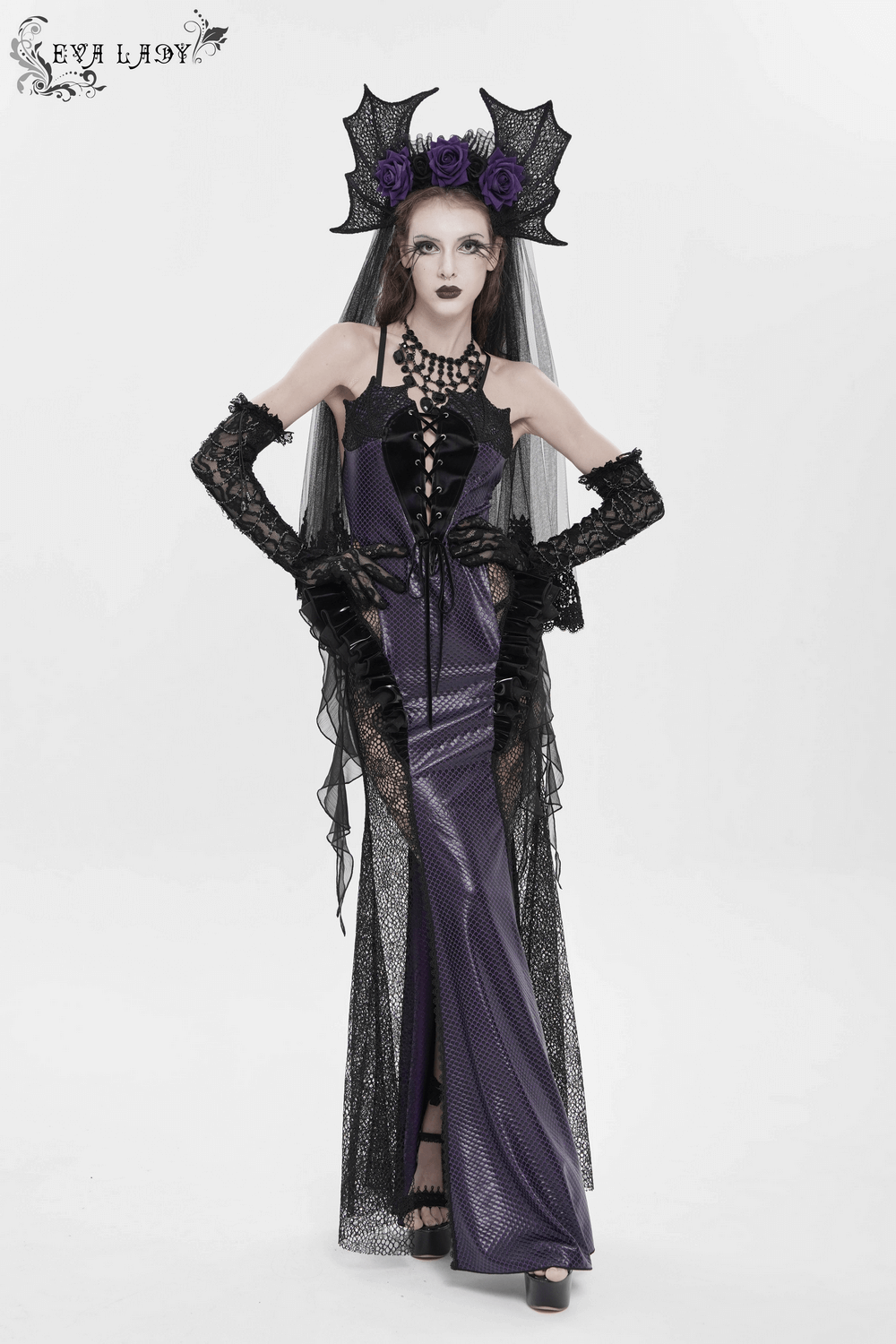 Goth Bat Wing Lace Veil Headpiece with Purple Roses showcased on model, featuring dark romantic attire and dramatic lace details.