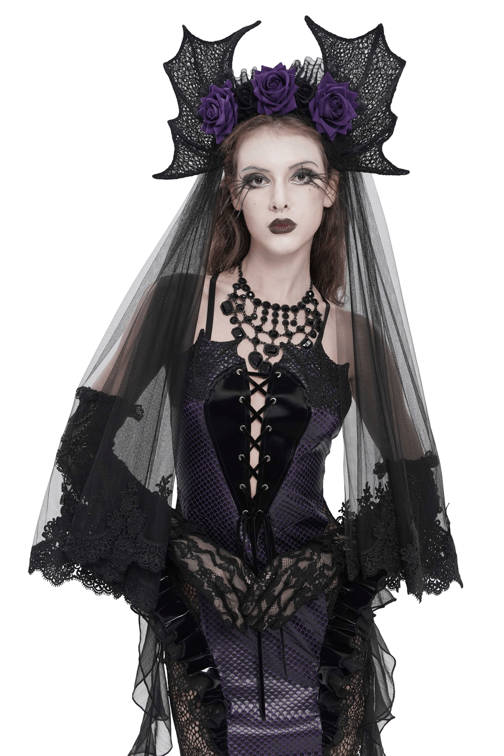 Goth Bat Wing Lace Veil Headpiece with Purple Roses worn by a model in a gothic dress and accessories.