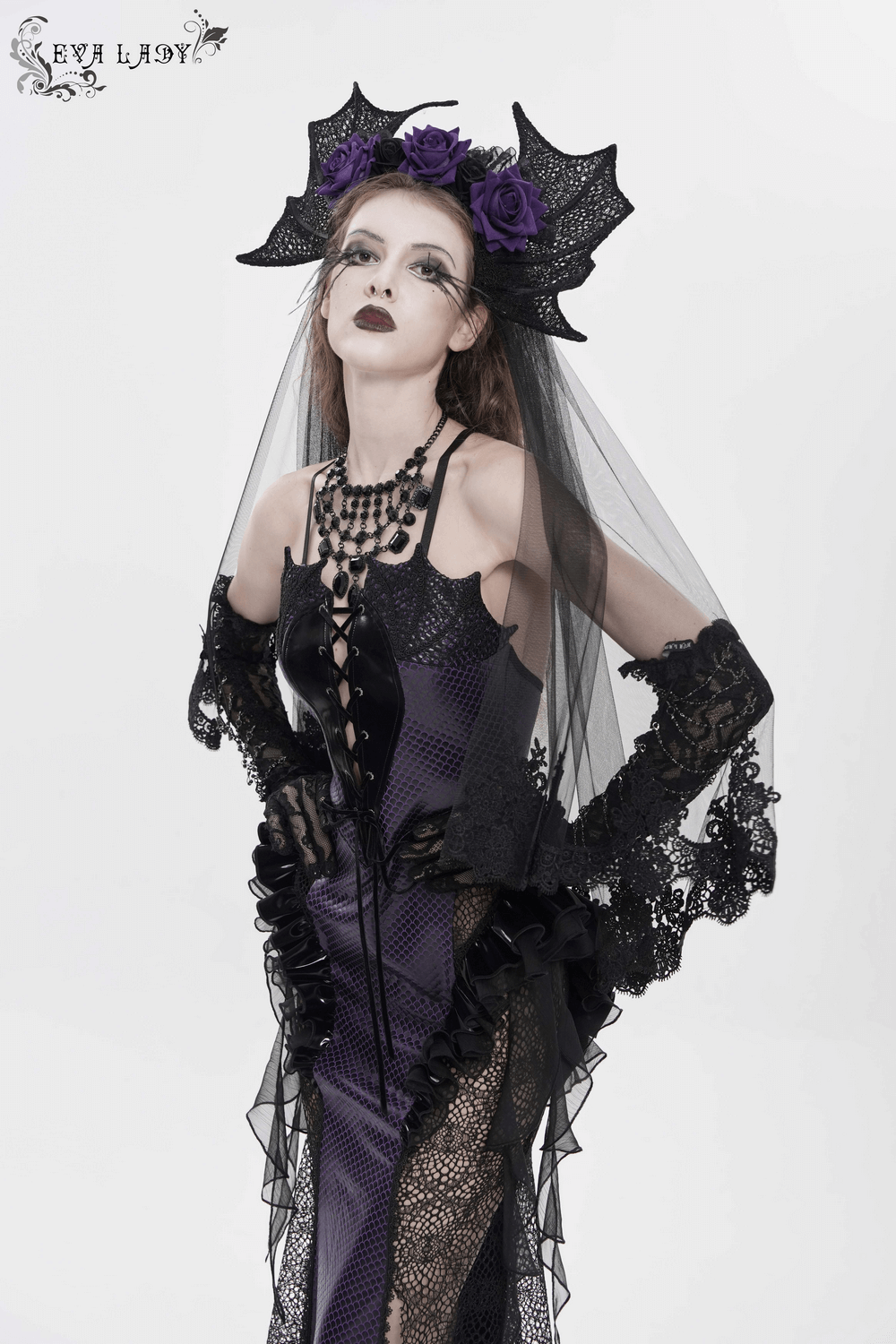 Goth Bat Wing Lace Veil Headpiece with Purple Roses worn by model, showcasing elegant lace, tulle, and floral accents.