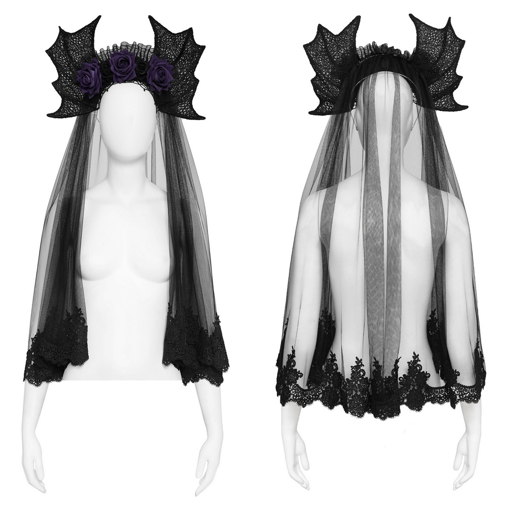 Goth Bat Wing Lace Veil Headpiece with Purple Roses featuring intricate lace and black tulle.