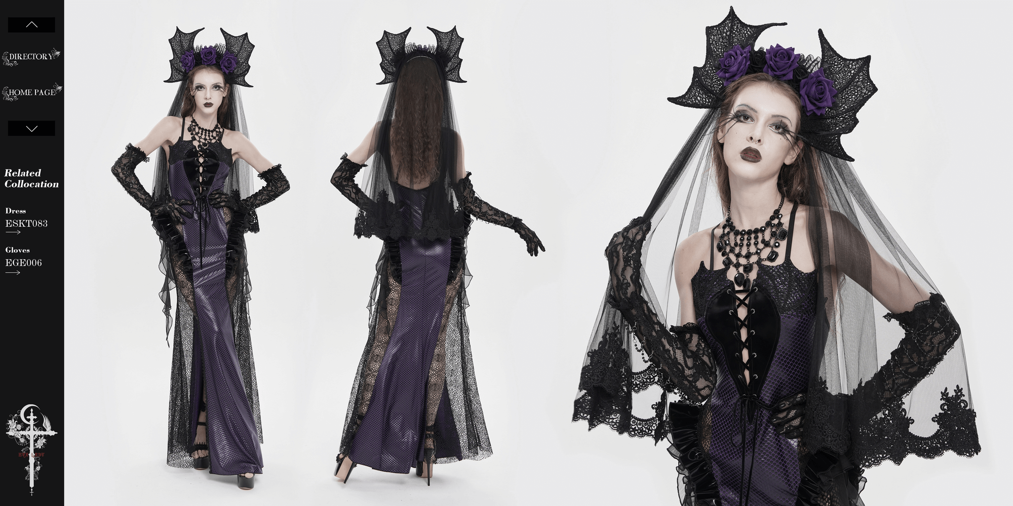 Goth Bat Wing Lace Veil Headpiece with Purple Roses worn by model in gothic attire with black lace and veil.
