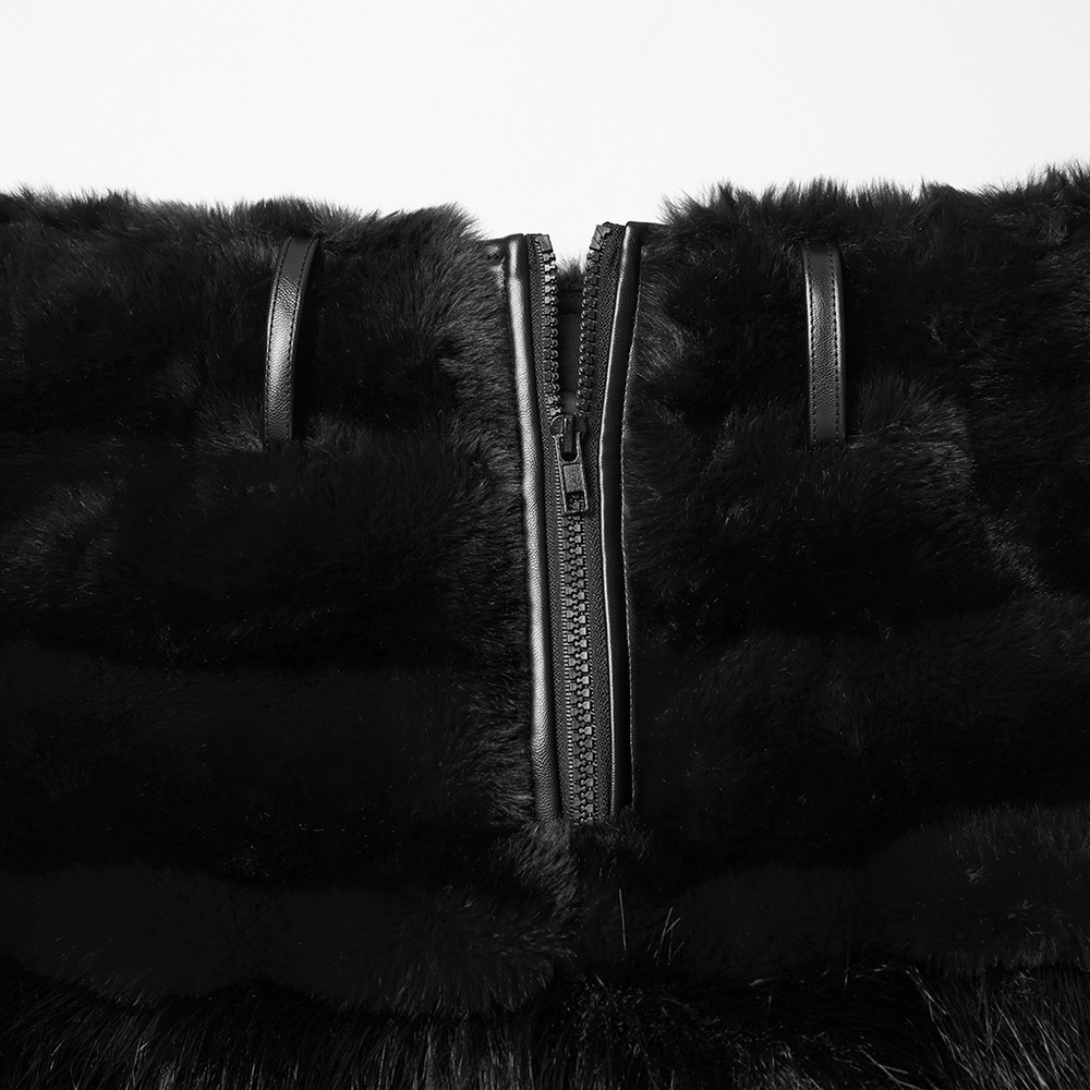 Goth Black Faux Fur Mini Skirt with Studded Belt close-up of zipper detail on eco-friendly artificial fur fabric.