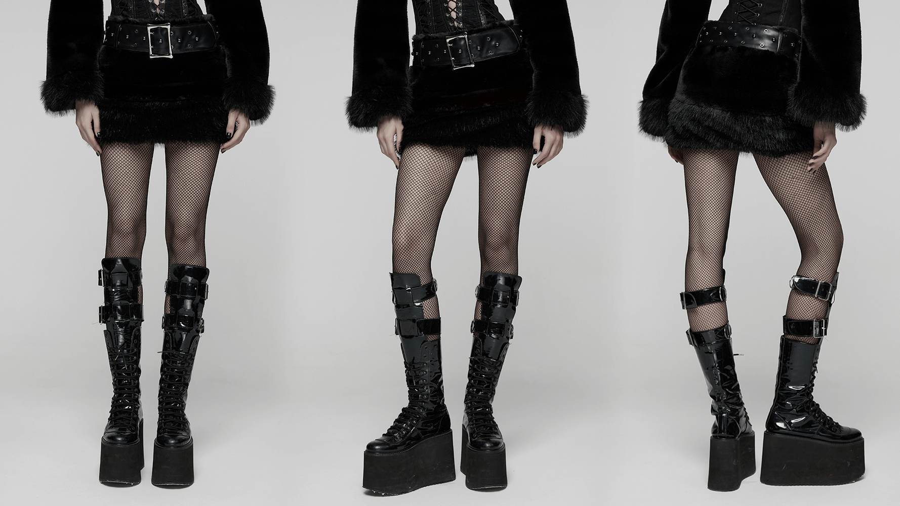 Goth Black Faux Fur Mini Skirt with Studded Belt showcased with edgy thigh-high boots and fishnet stockings.