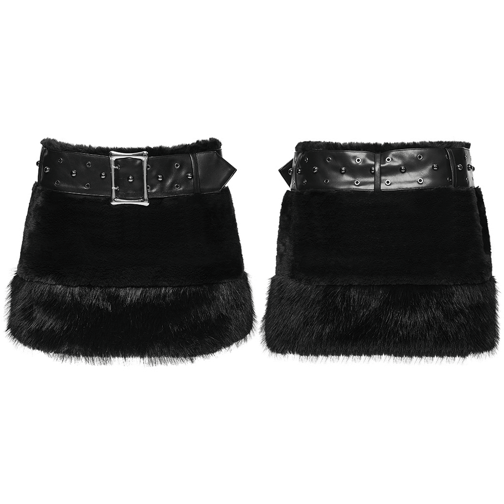 Goth Black Faux Fur Mini Skirt with Studded Belt showcasing eco-friendly faux fur and punk style.