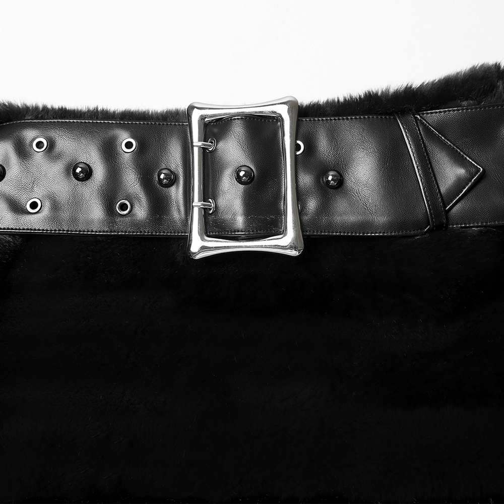 Goth Black Faux Fur Mini Skirt with Studded Belt showing the studded belt and buckle detail.