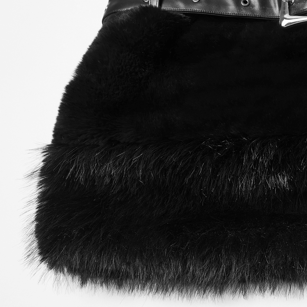 Goth Black Faux Fur Mini Skirt with Studded Belt showcasing the fluffy black texture and bold studded belt detail.
