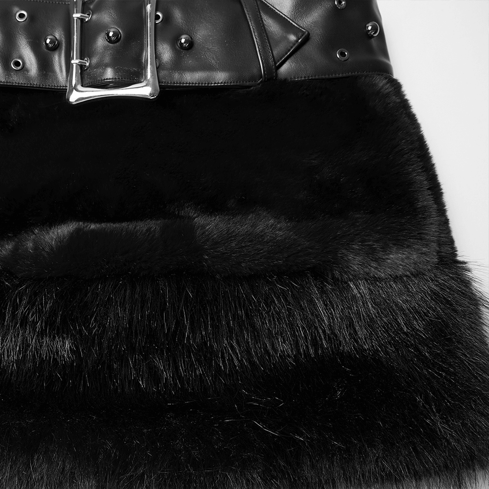 Goth Black Faux Fur Mini Skirt with Studded Belt showcasing the fluffy texture and bold studded details.