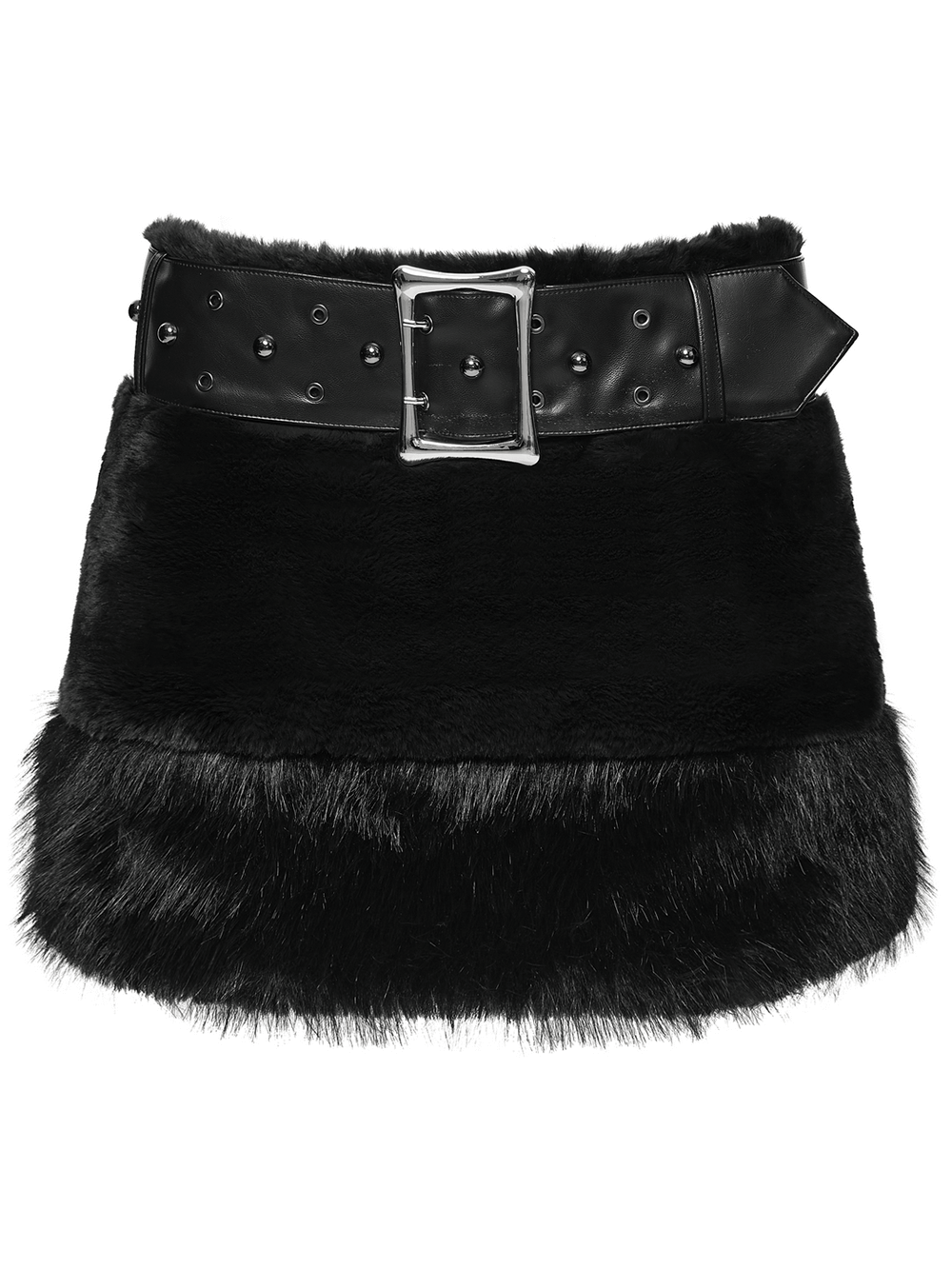Goth Black Faux Fur Mini Skirt with Studded Belt, featuring thick eco-friendly fur and a bold design.