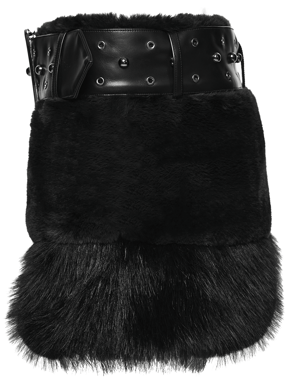 Goth Black Faux Fur Mini Skirt with Studded Belt showcasing a textured fluffy design and edgy belt details.