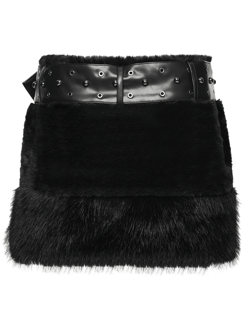 Goth Black Faux Fur Mini Skirt with Studded Belt featuring a thick black fur texture and edgy studded leather belt.