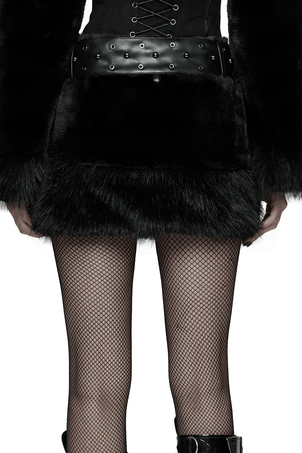 Goth Black Faux Fur Mini Skirt with Studded Belt displayed from behind, showcasing its fluffy texture and punk style.
