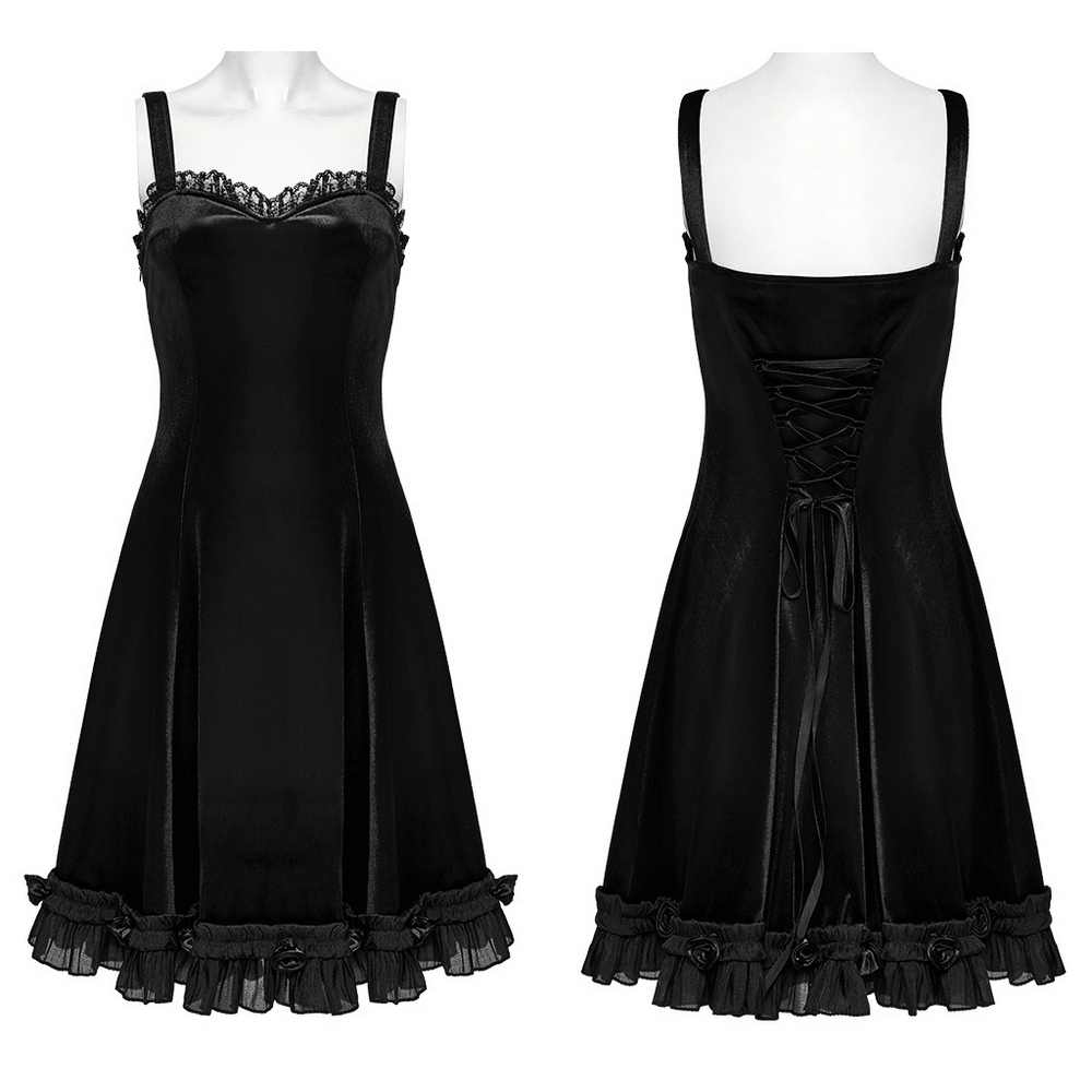Elegant goth black velvet dress with lace details and playful ruffled hem, showcasing a flattering A-line silhouette.
