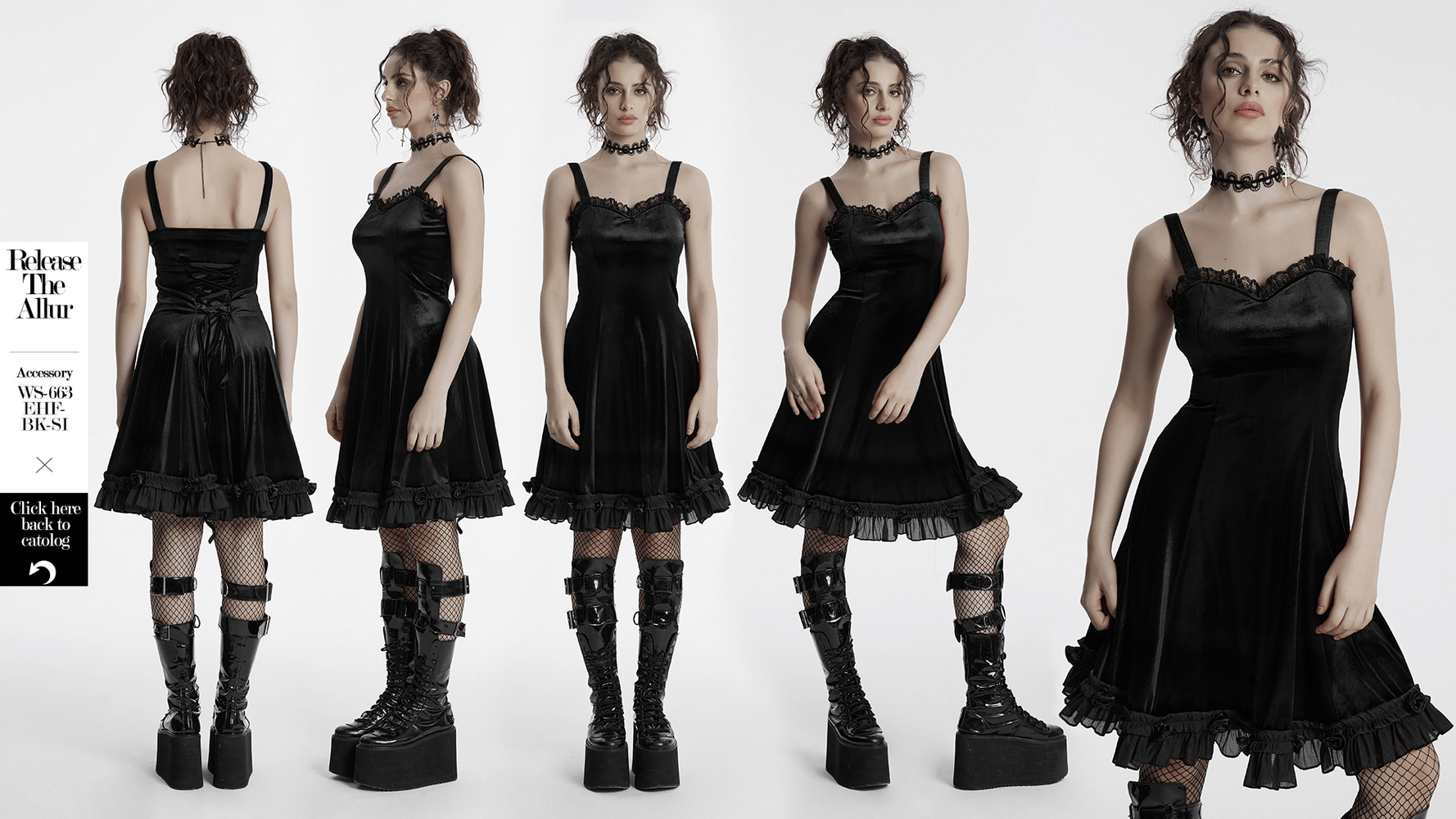Goth black velvet dress with lace detailing and ruffled hem, styled with chunky platform boots.