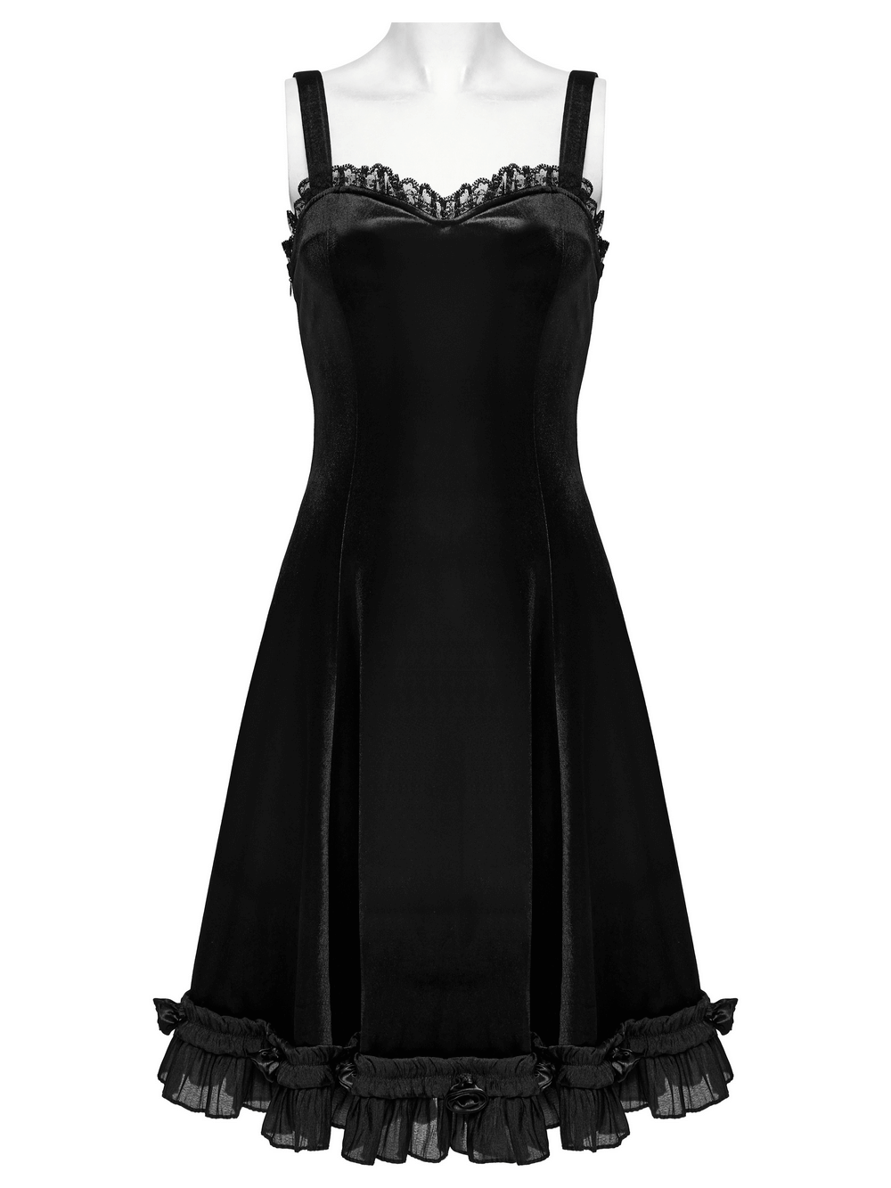 Goth black velvet dress with lace bodice and ruffled hem, perfect for edgy style and elegant occasions.