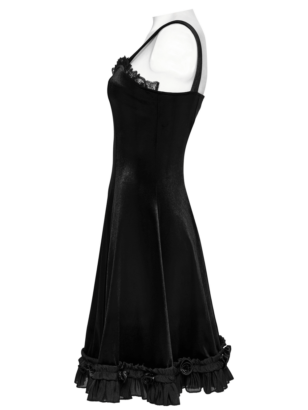 Elegant goth black velvet dress with lace detailing and ruffled hem, showcasing a flattering A-line silhouette.