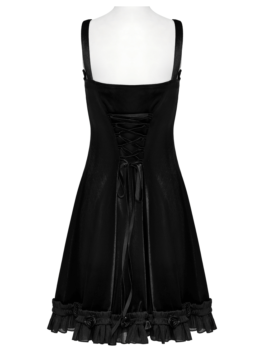 Back view of a goth black velvet dress with lace-up detail and ruffled hem for a playful, elegant look.
