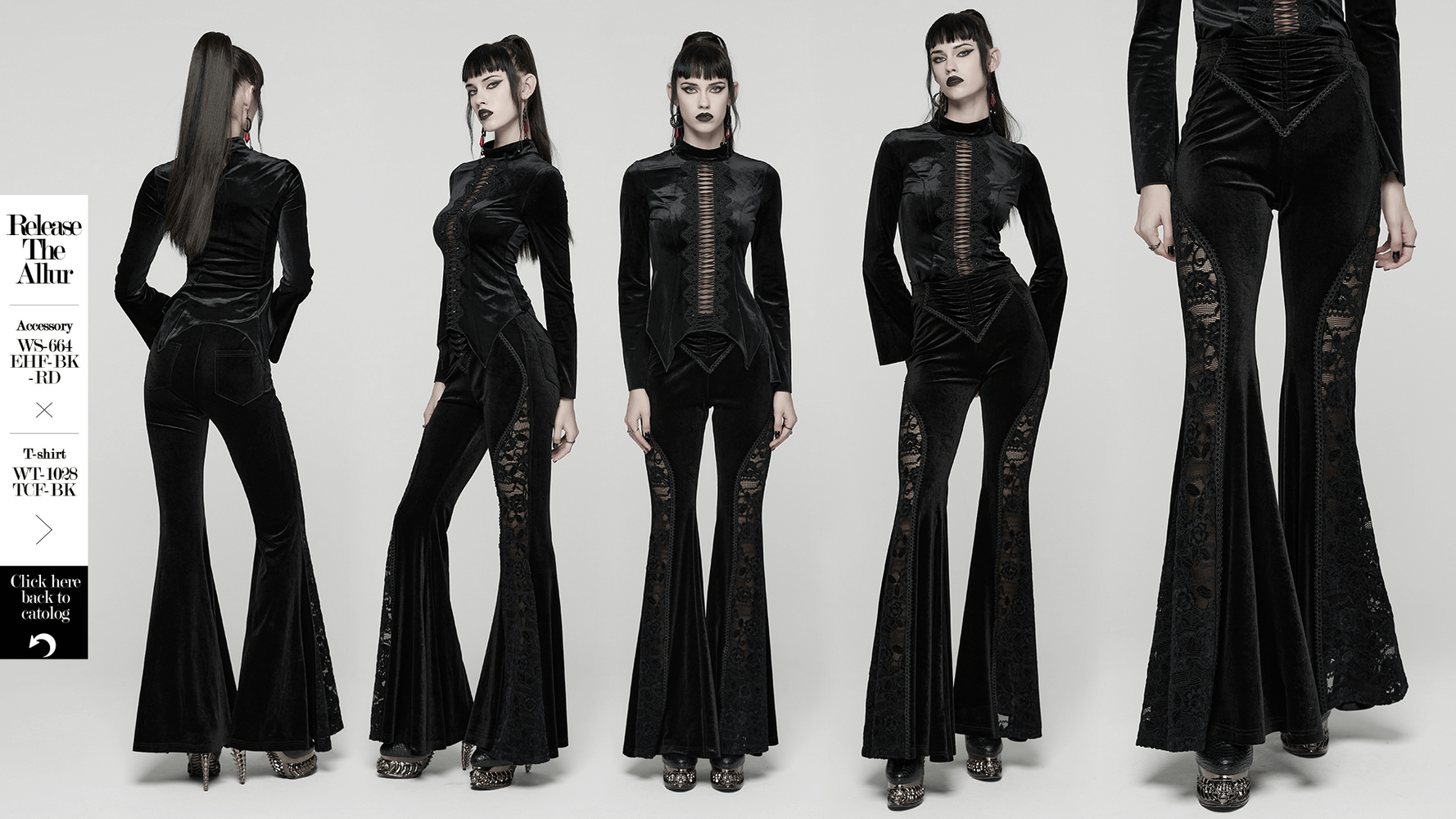 Goth Black Velvet Flared Pants with Lace Inserts showcased on a model, featuring elegant lace details and a flared design.