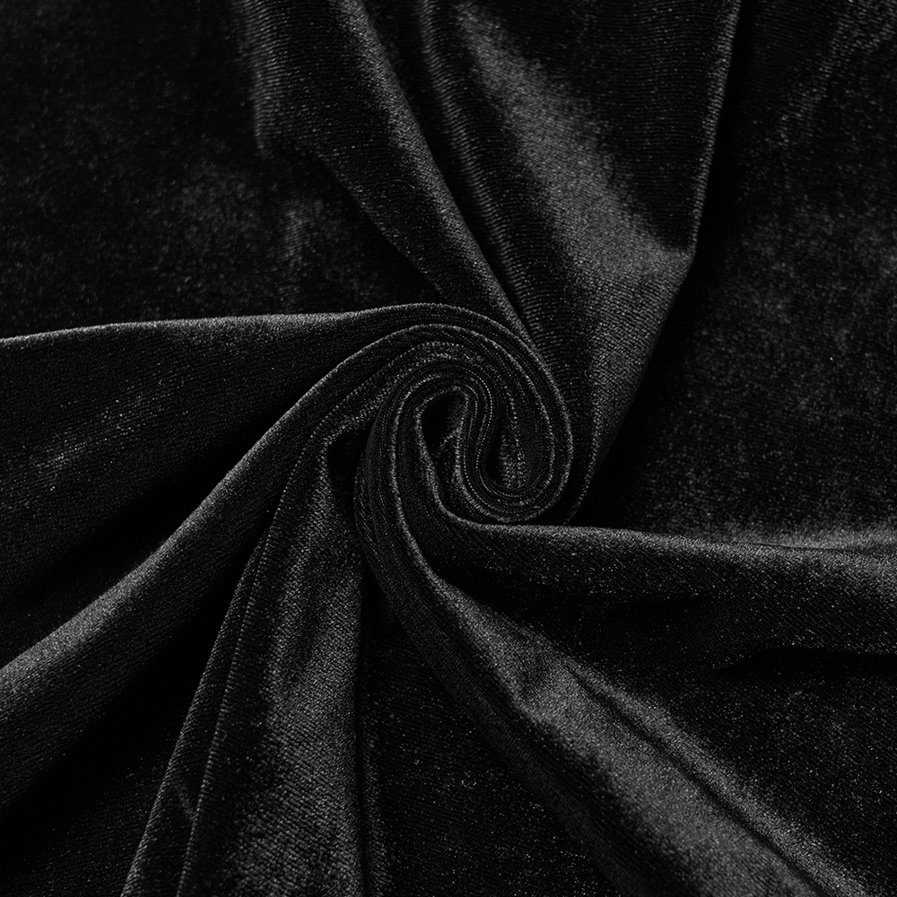 Goth Black Velvet Flared Pants with Lace Inserts fabric texture close-up, showcasing luxurious soft black velvet.