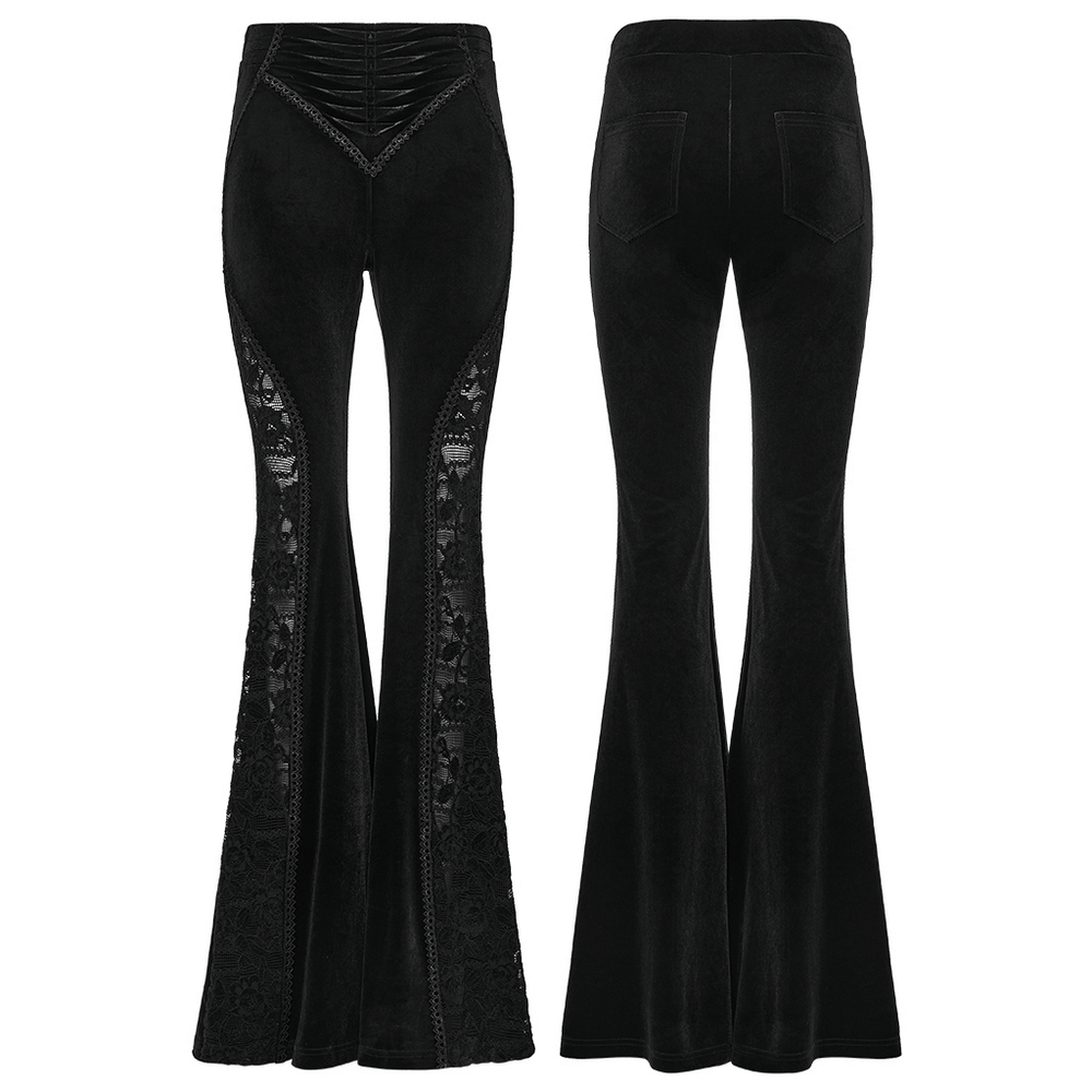 Goth Black Velvet Flared Pants with Lace Inserts showcasing a stylish design and elegant silhouette.