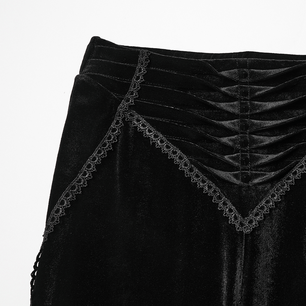 Goth Black Velvet Flared Pants with Lace Inserts showing pleated waist and lace trim detail.