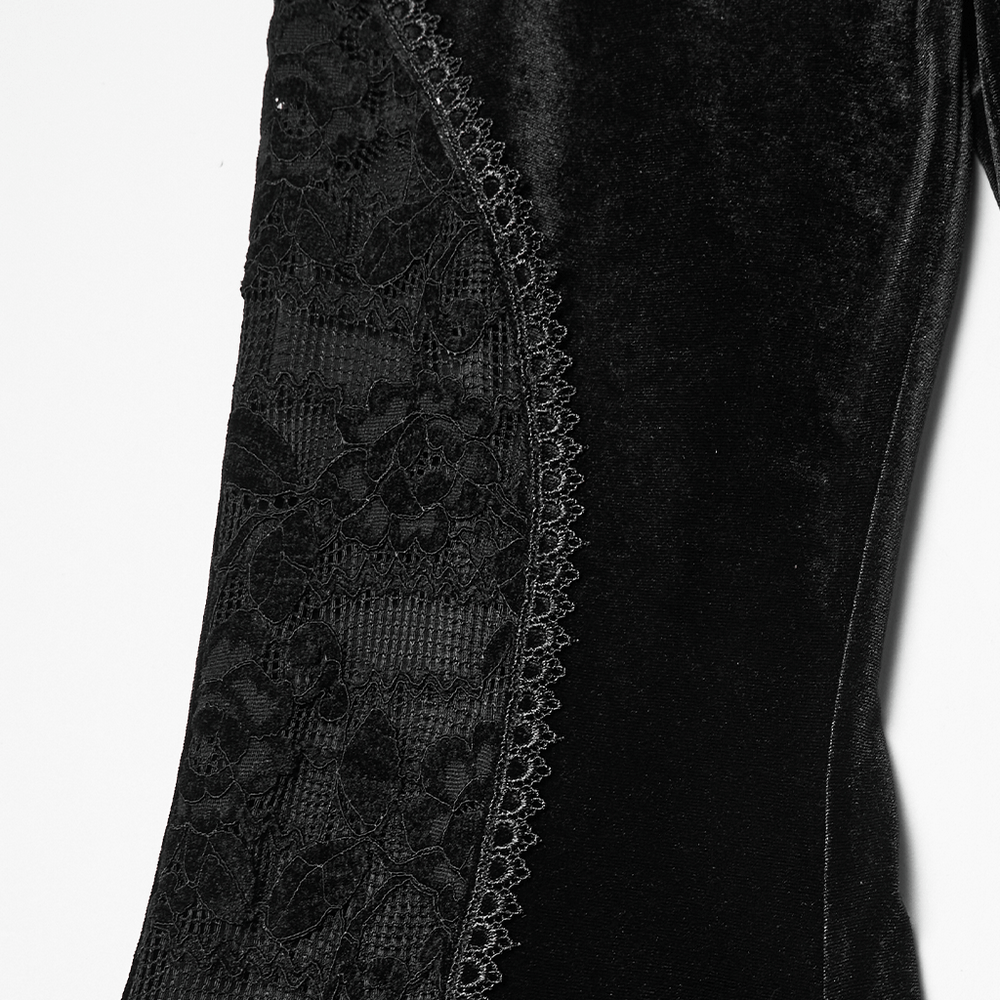 Goth Black Velvet Flared Pants with Lace Inserts showcasing the elegant lace detailing on the side.