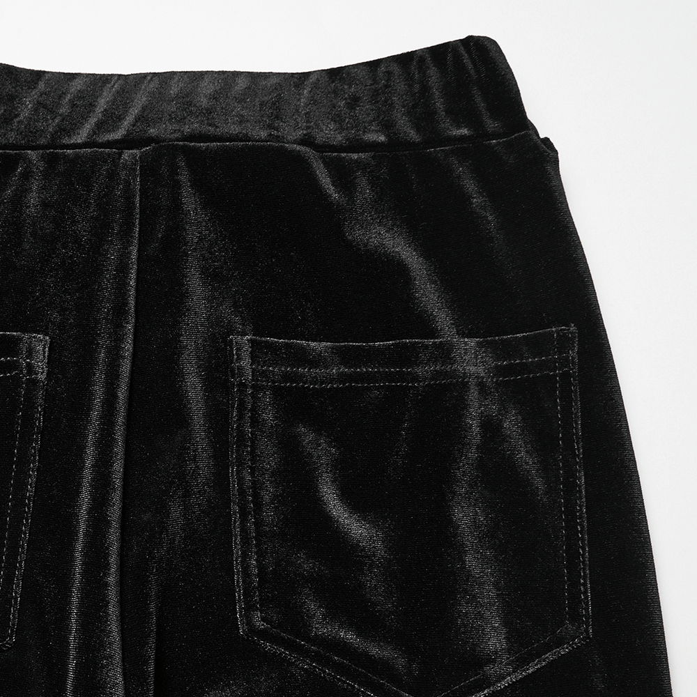 Goth Black Velvet Flared Pants with Lace Inserts featuring a close-up of the back patch pockets.