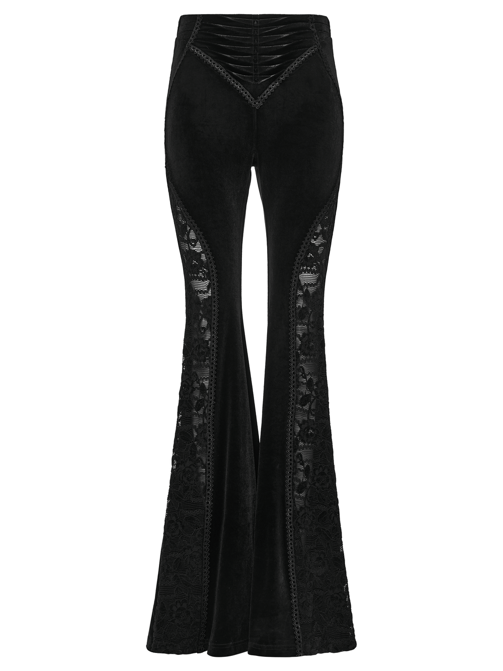 Goth Black Velvet Flared Pants with Lace Inserts featuring elegant lace details and a stylish bell-bottom cut.