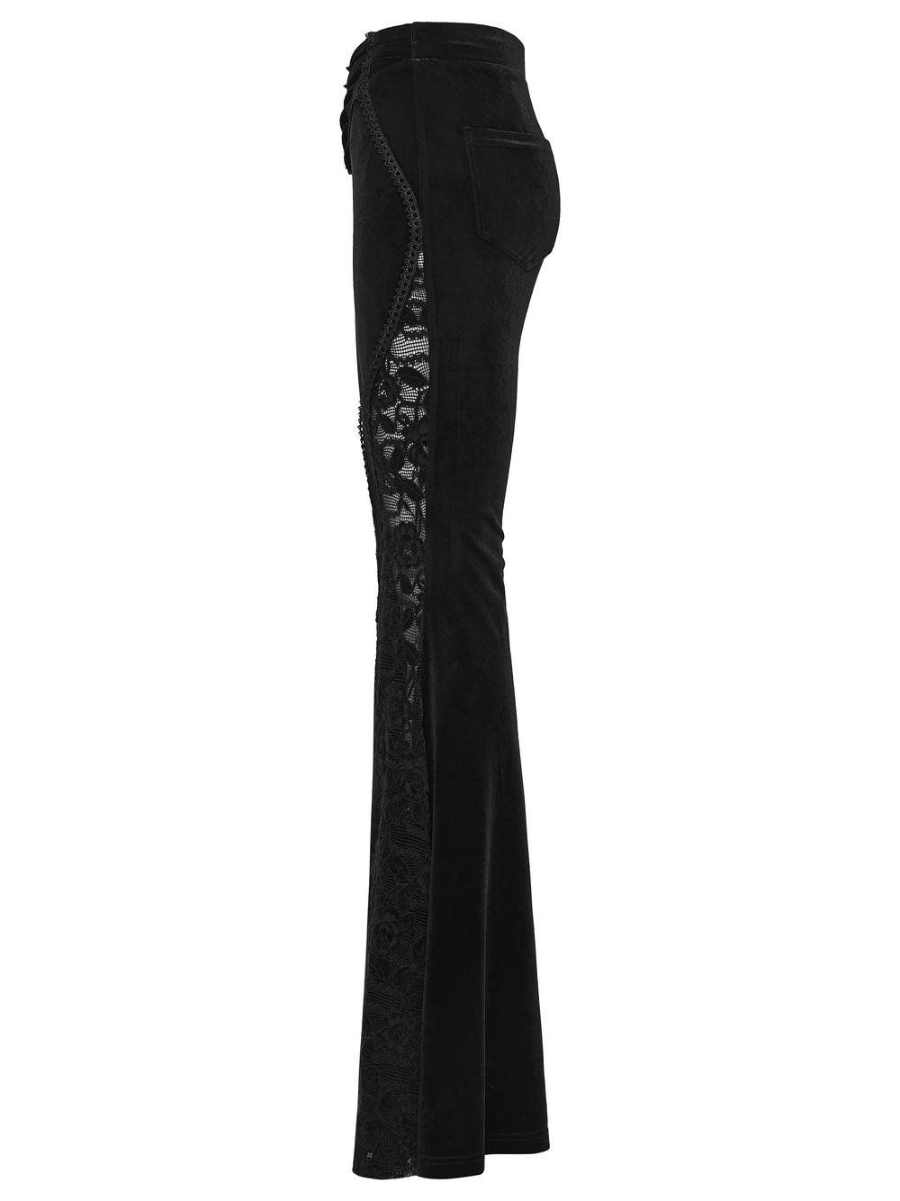 Goth Black Velvet Flared Pants with Lace Inserts featuring patch pockets and elegant lace details.