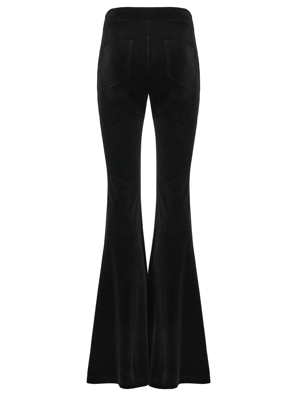 Goth Black Velvet Flared Pants with Lace Inserts showcasing the back view and patch pockets.