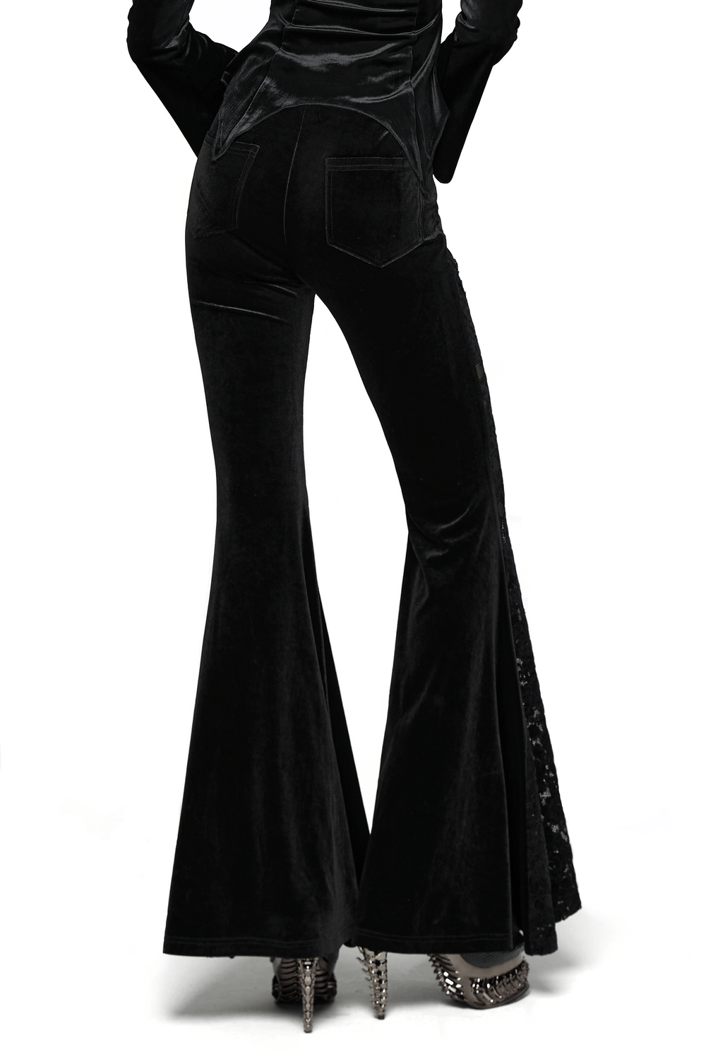 Goth Black Velvet Flared Pants with Lace Inserts showcasing a stylish back view with bell-bottom cut and patch pockets.