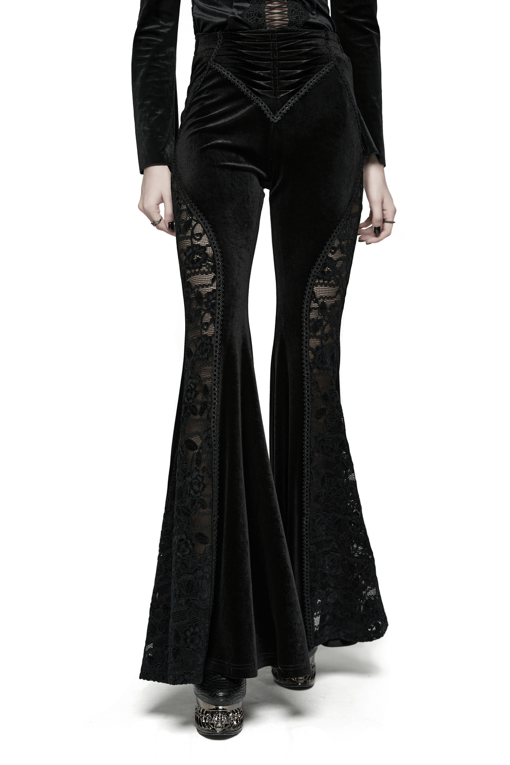 Goth Black Velvet Flared Pants with Lace Inserts showcasing a stylish silhouette and elegant lace details.