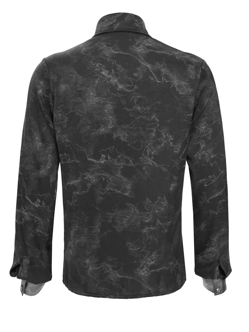 Back view of Goth Button-Up Shirt with PU Harness and Belt Detail showcasing smoky marbled texture and long sleeves.
