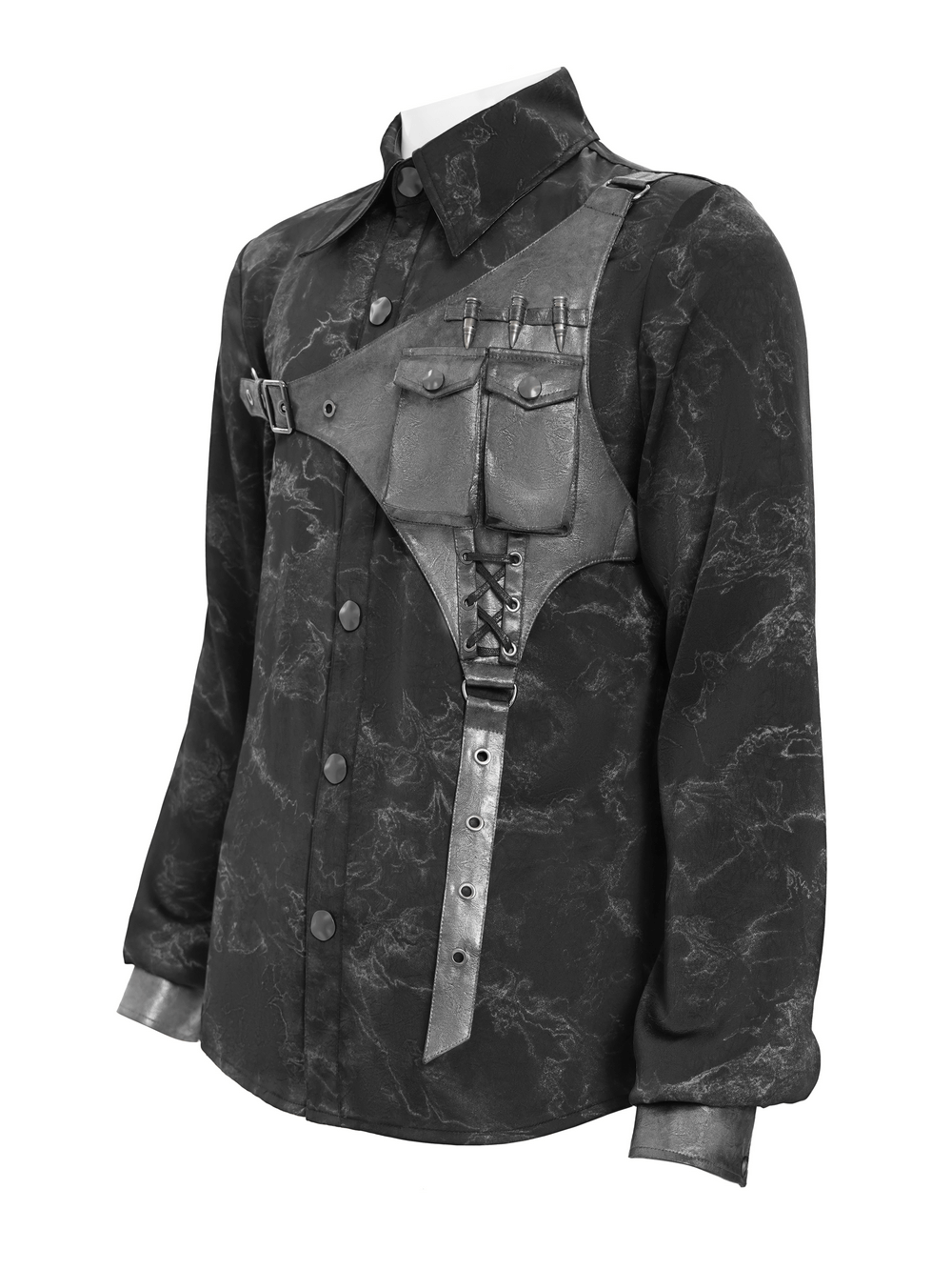 Goth Button-Up Shirt with PU Harness and Belt Detail featuring faux leather strap and marbled fabric design.