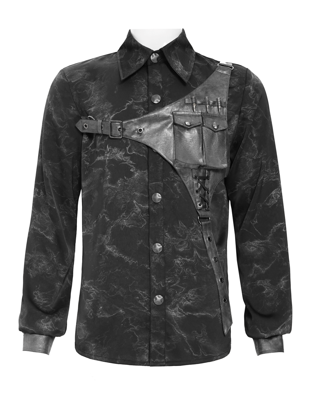 Goth Button-Up Shirt with PU Harness and Belt Detail featuring textured smoky marbled fabric and leather strap.