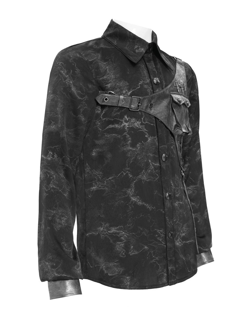 Goth Button-Up Shirt with PU Harness and Belt Detail featuring a textured smoky marbled finish and faux leather accents.
