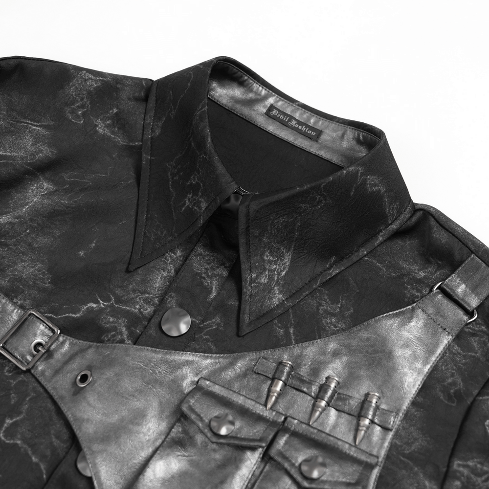 Goth Button-Up Shirt with PU Harness and Belt Detail showing textured fabric and faux leather strap.