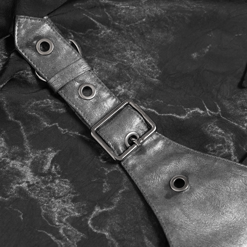 Goth Button-Up Shirt with PU Harness and Belt Detail close-up of buckle and faux leather strap accents.