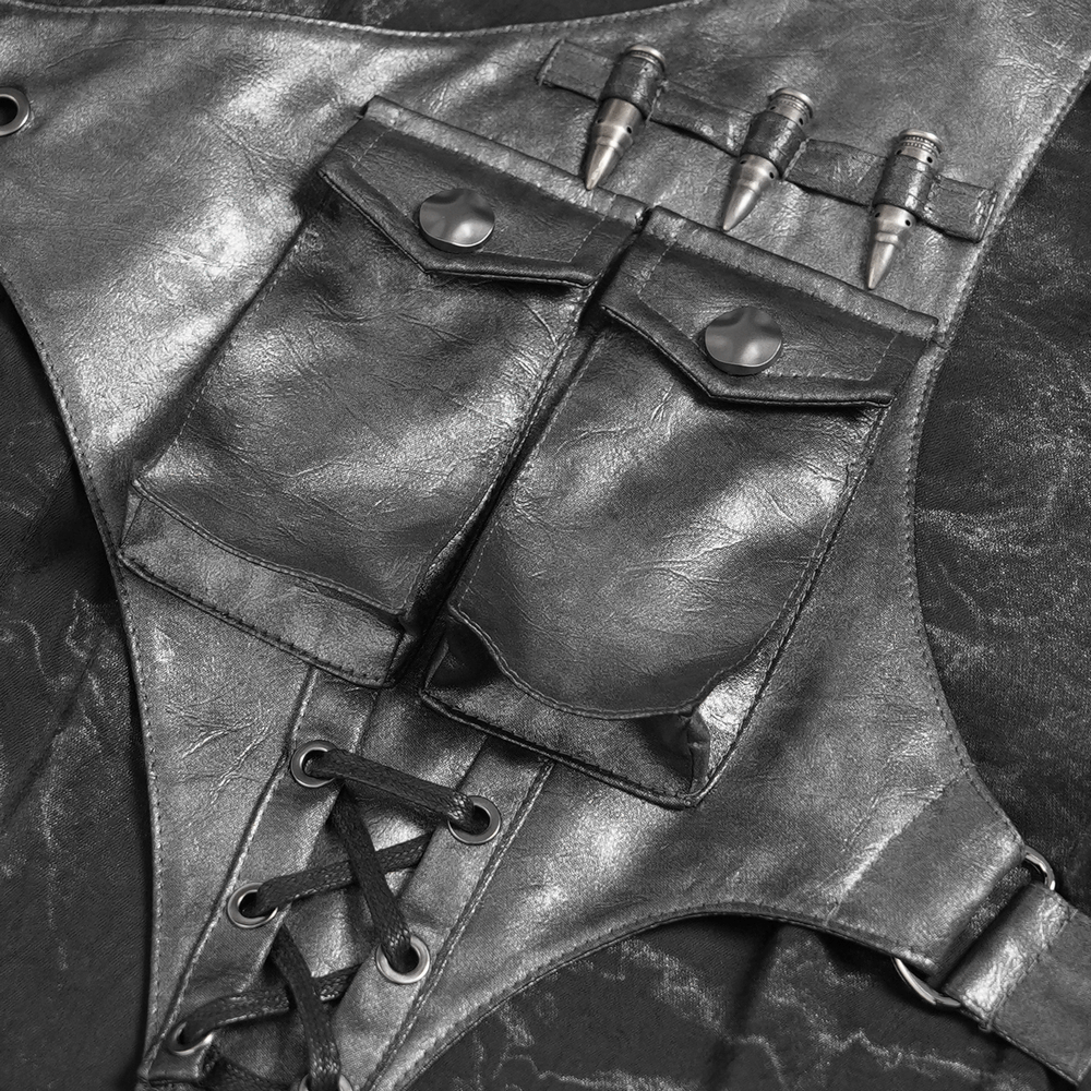 Goth Button-Up Shirt with PU Harness and Belt Detail featuring black faux leather pockets and accent.