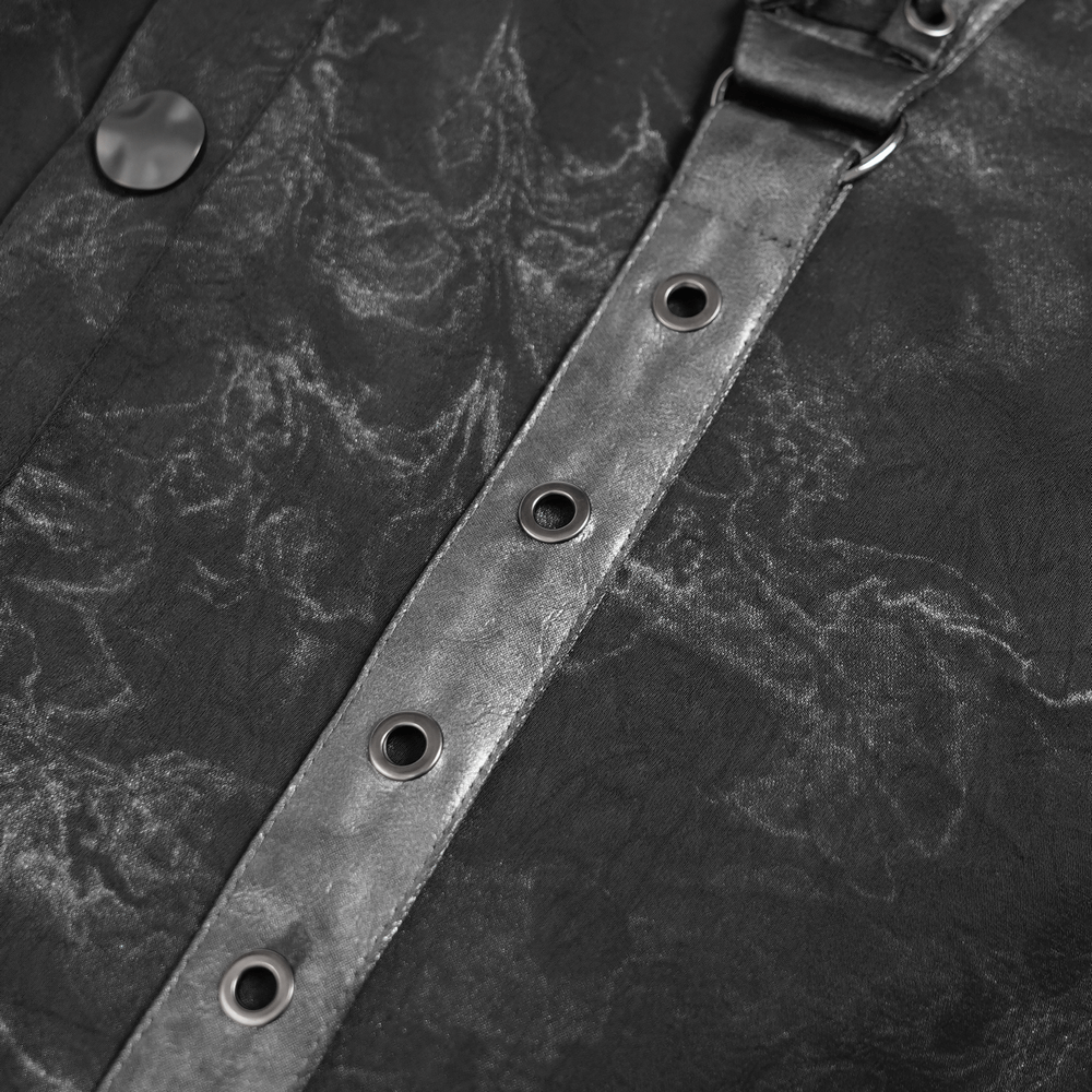 Goth Button-Up Shirt with PU Harness and Belt Detail showing the dark marbled fabric and faux leather strap accent.