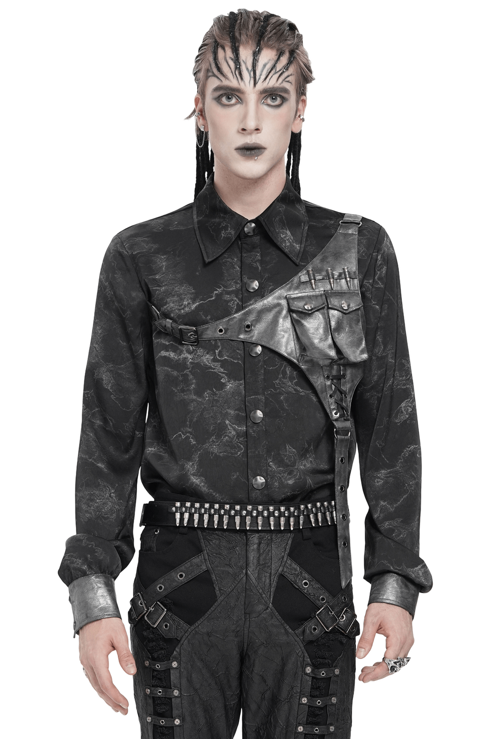 Goth Button-Up Shirt with PU Harness and Belt Detail worn by a model with unique makeup and styled hair.