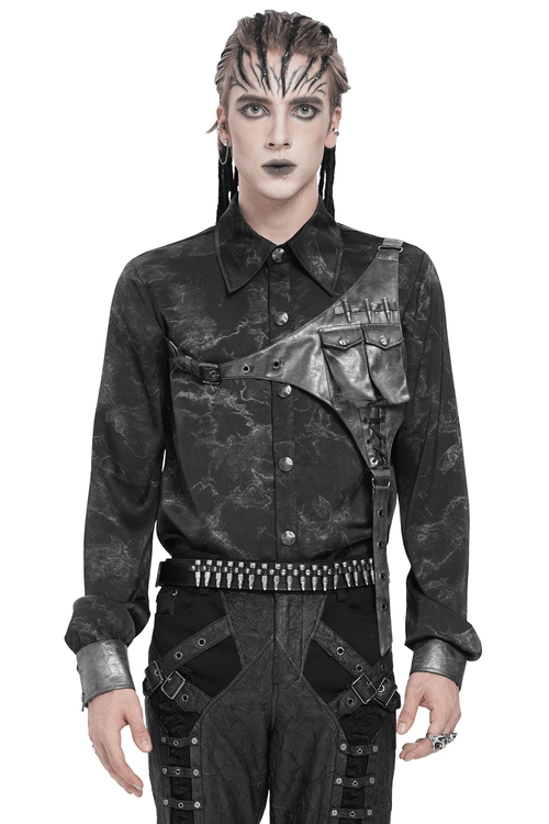 Chemise gothique boutonnée avec harnais en PU et détail de ceinture