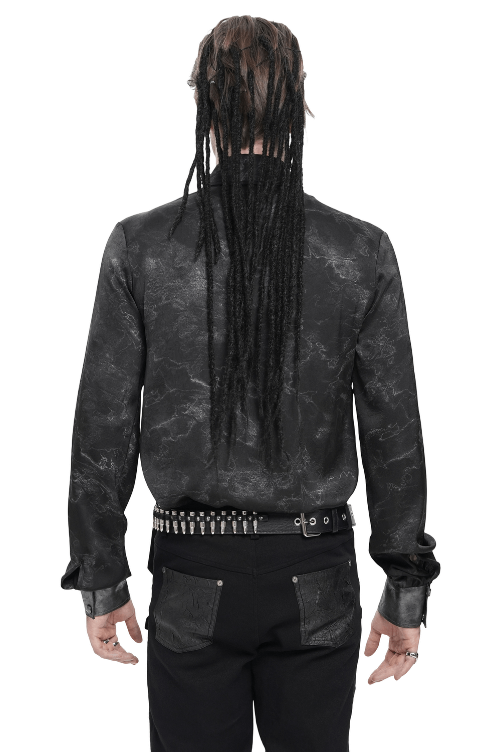 Back view of a Goth Button-Up Shirt with PU Harness and Belt Detail, featuring a smoky marbled finish.