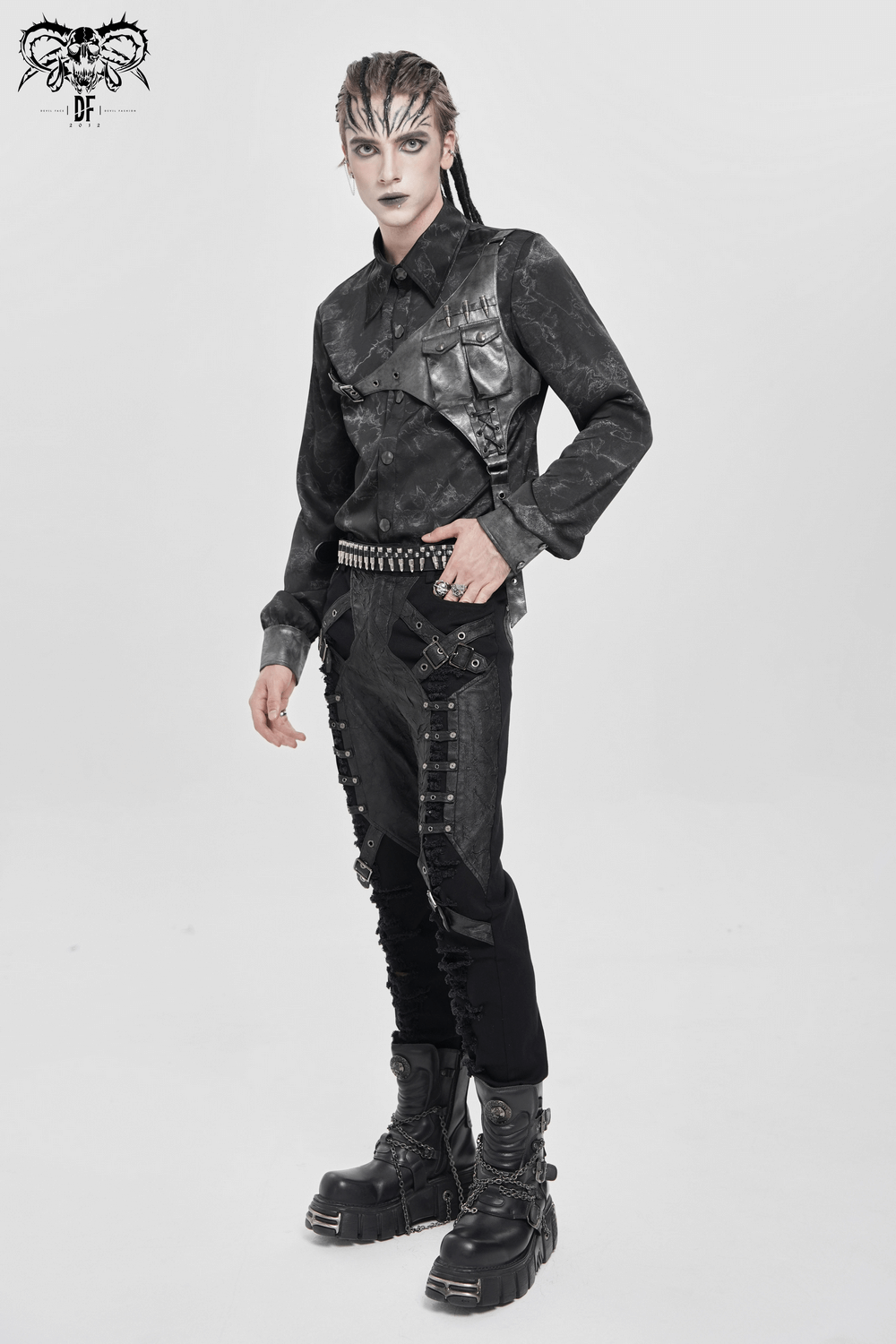 Goth Button-Up Shirt with PU Harness and Belt Detail worn by a model showcasing dark alternative fashion.