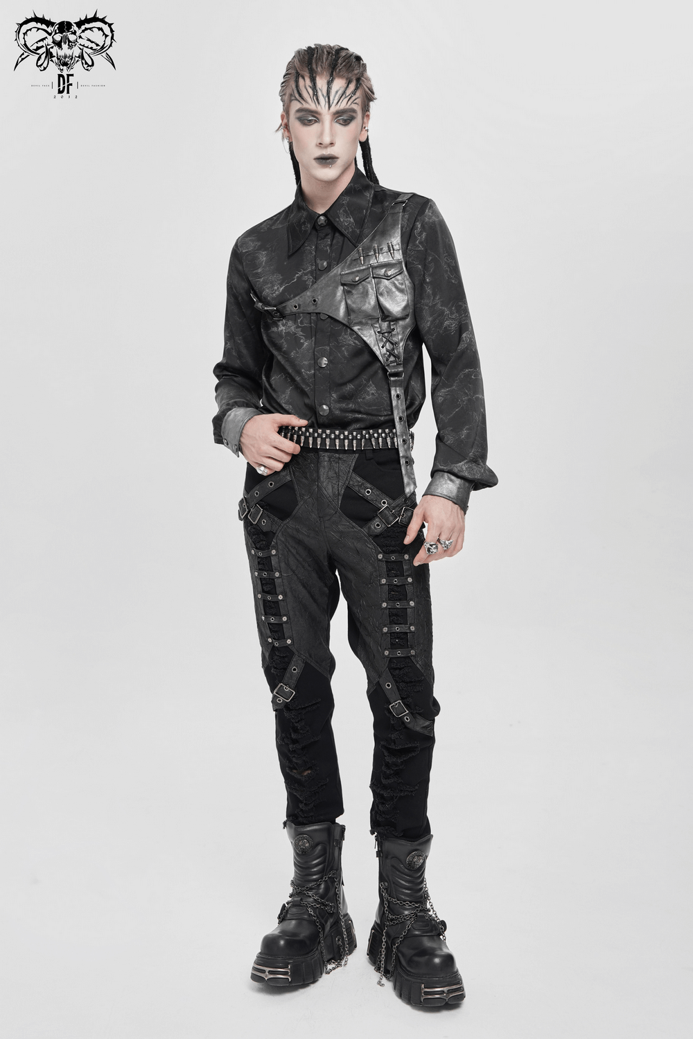 Goth Button-Up Shirt with PU Harness and Belt Detail featuring a striking design and edgy black aesthetic.