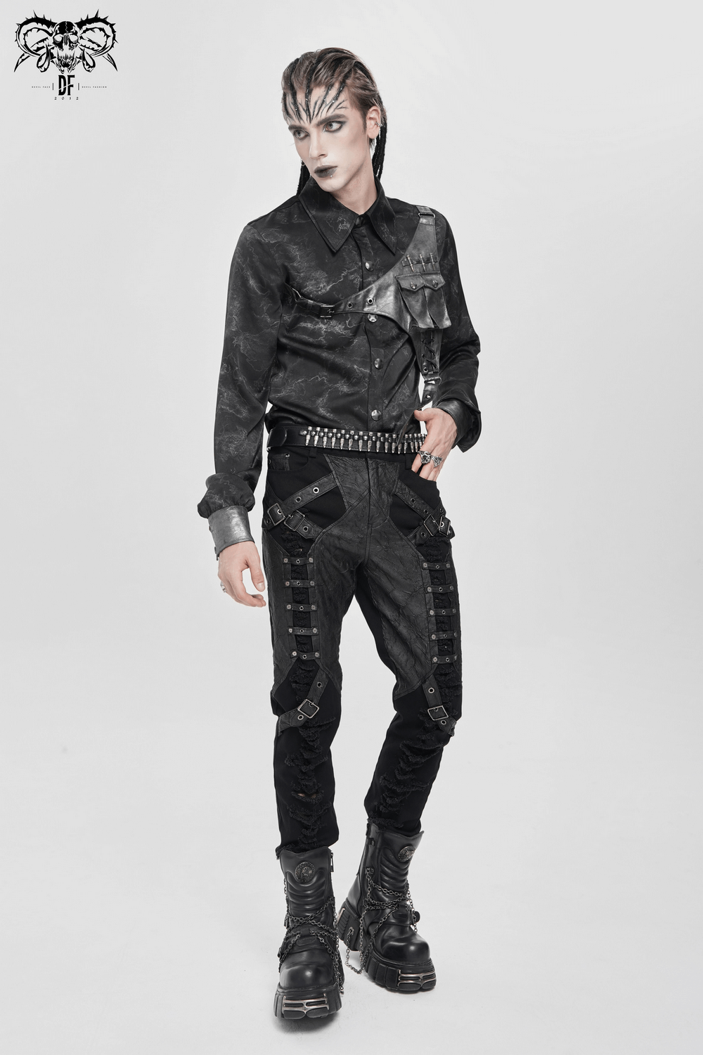 Goth Button-Up Shirt with PU Harness and Belt Detail worn by a model, showcasing dark fashion with a bold aesthetic.