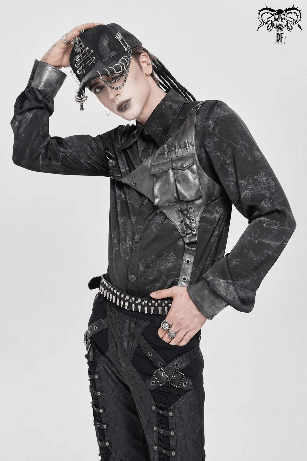 Goth Button-Up Shirt with PU Harness and Belt Detail showcased on a model featuring dark gothic aesthetic.