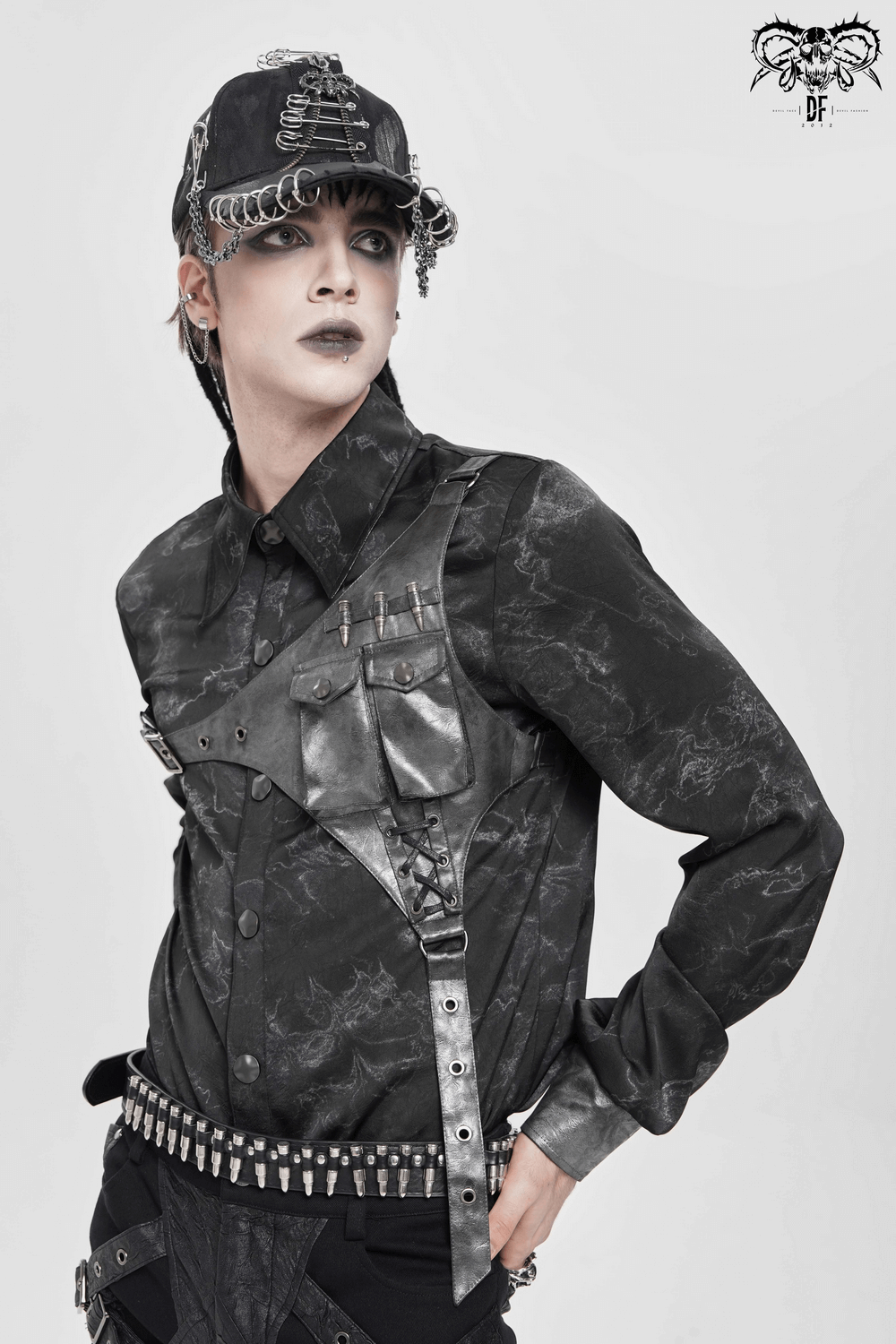Goth Button-Up Shirt with PU Harness and Belt Detail worn by a model, showcasing dark elegance and edgy style.