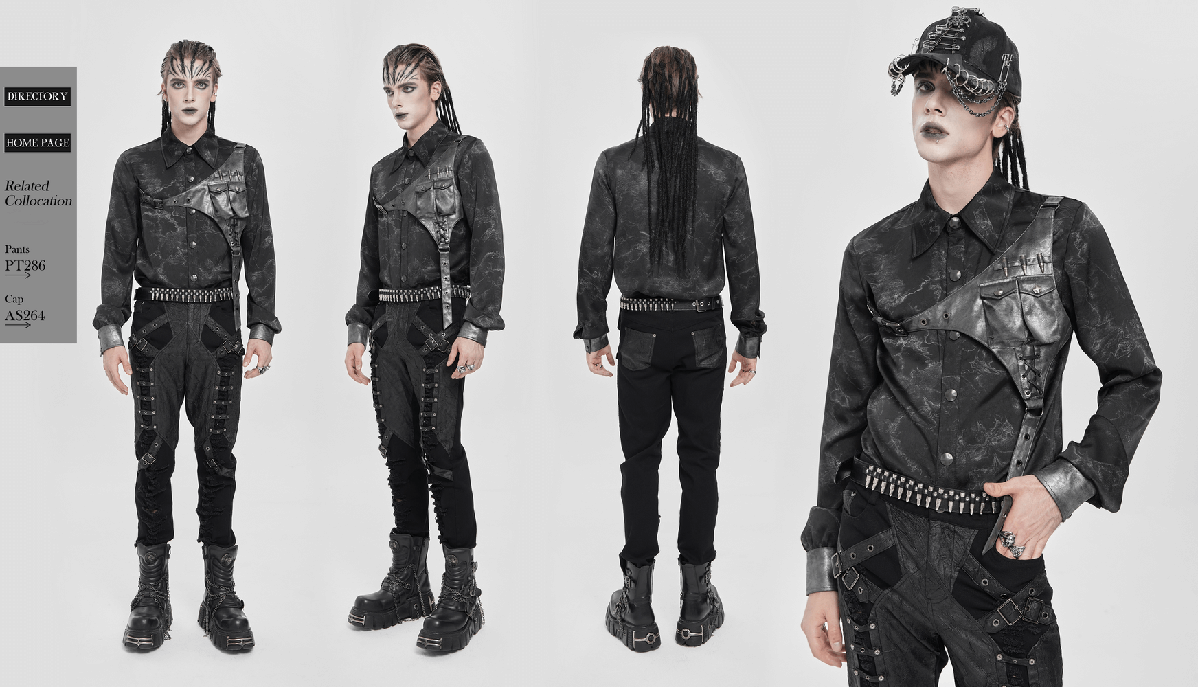 Goth Button-Up Shirt with PU Harness and Belt Detail worn by model showcasing dark aesthetic and utility fashion.