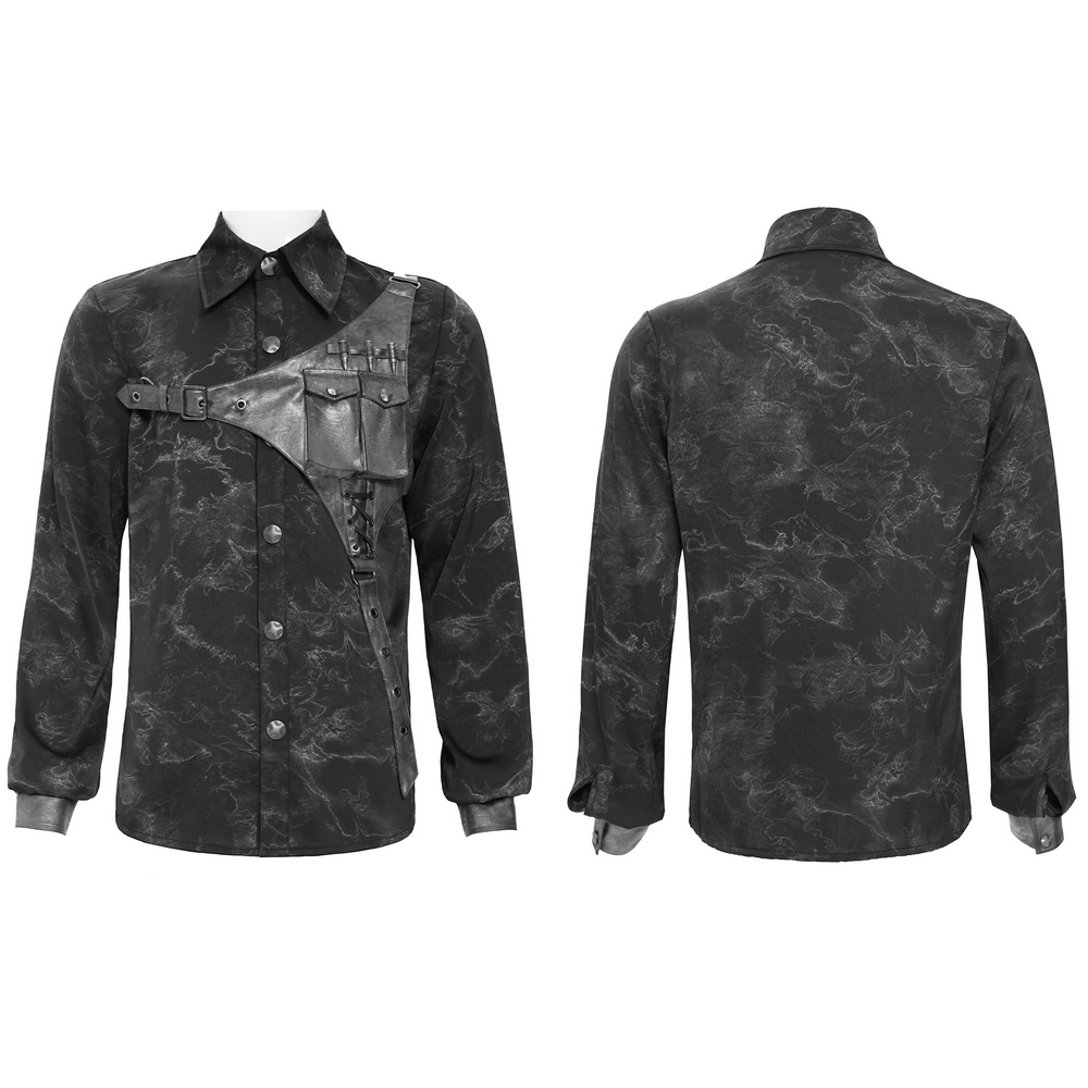 Goth Button-Up Shirt with PU Harness and Belt Detail featuring a smoky marbled finish.
