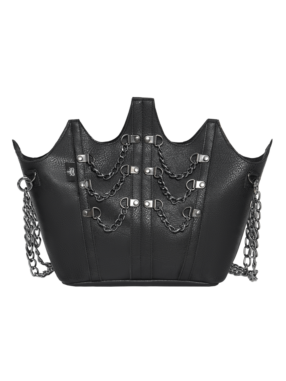 Goth Chain Shoulder Bag with Crown Silhouette Design featuring silver chain details and faux leather texture.
